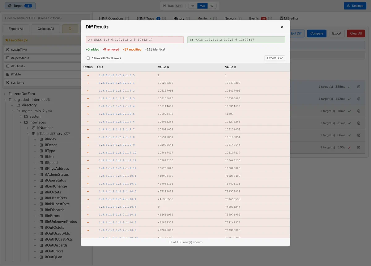 Two query results shown side by side with the differences highlighted.