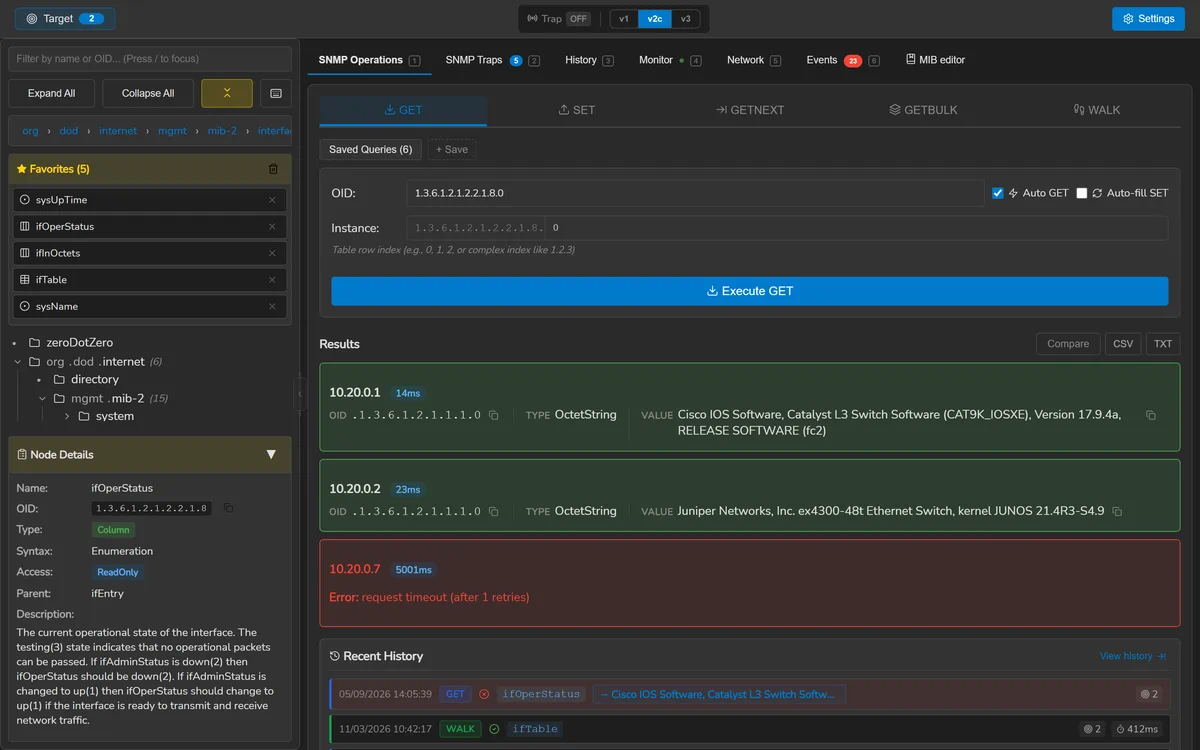 The SnmpLens MIB tree browser with a search field and a node detail panel.