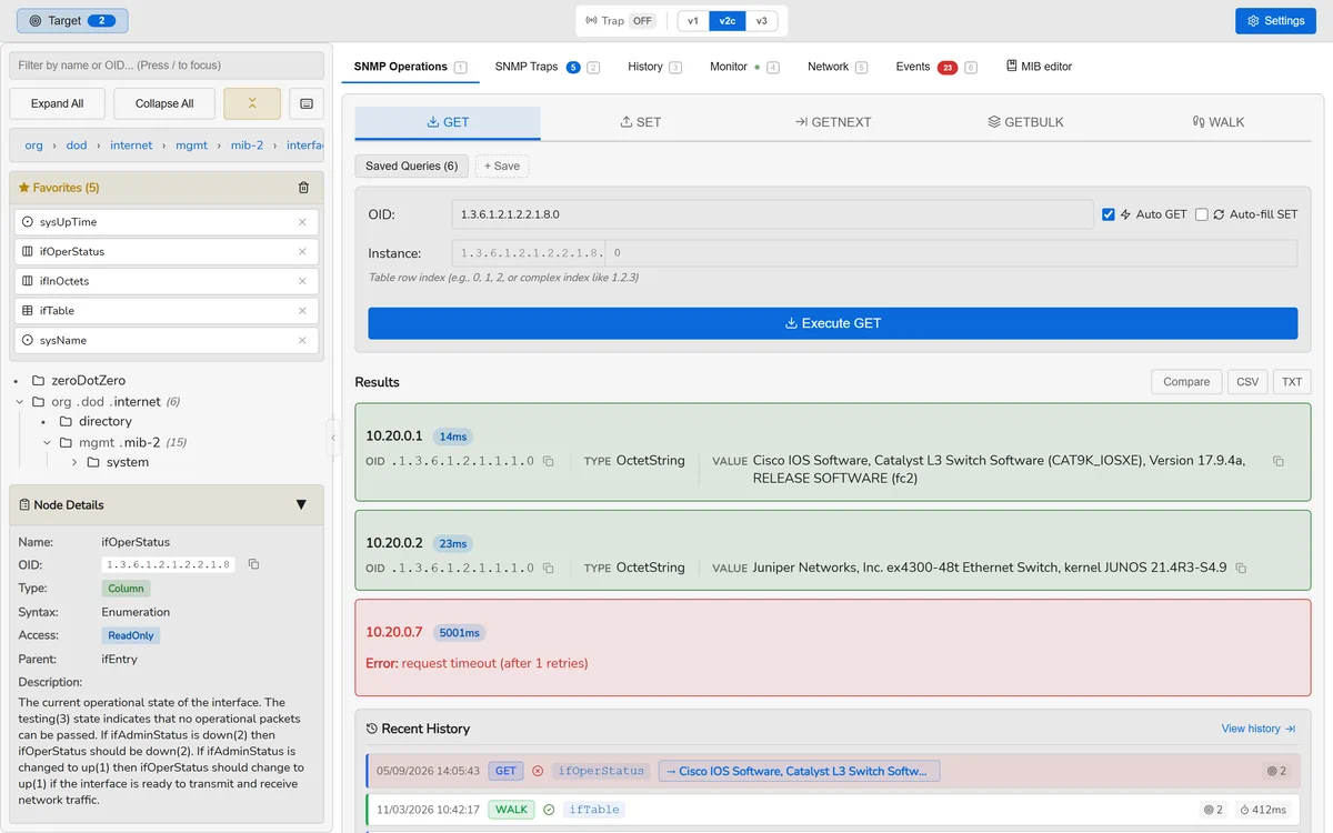 The SnmpLens MIB tree browser with a search field and a node detail panel.