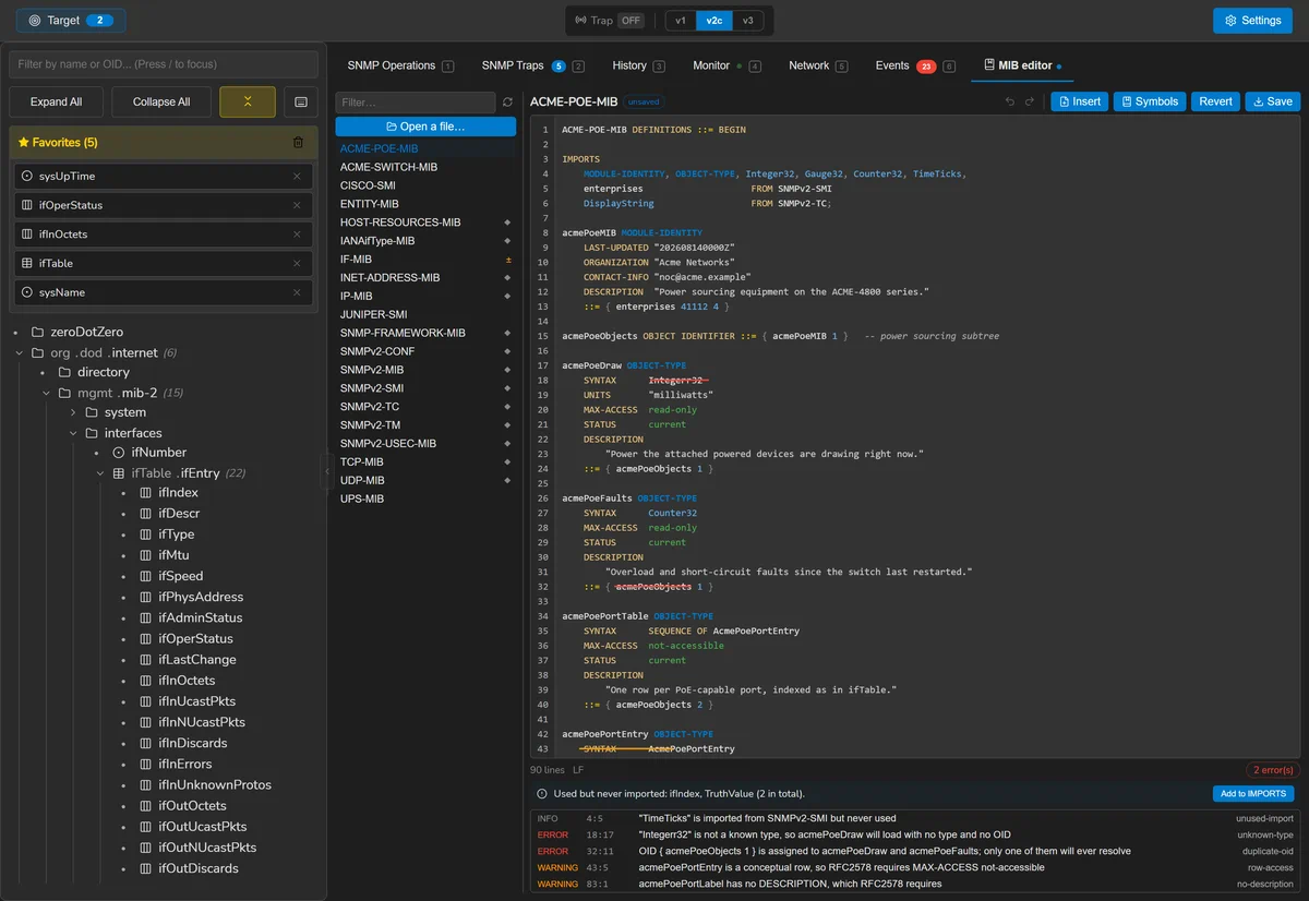 The SnmpLens MIB editor with a vendor MIB open, syntax highlighted, two errors underlined, and a list of five diagnostics with their line and column.