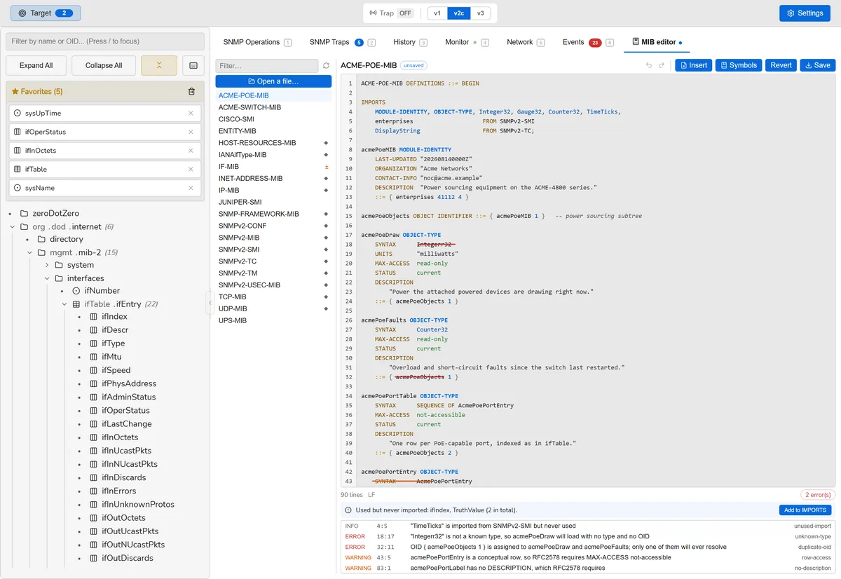 The SnmpLens MIB editor with a vendor MIB open, syntax highlighted, two errors underlined, and a list of five diagnostics with their line and column.