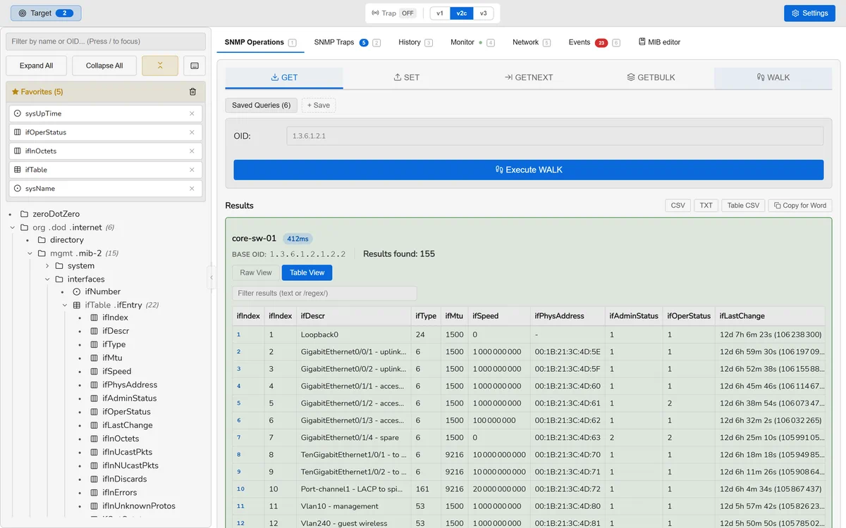 The SnmpLens Operations tab: a MIB tree on the left, a walk result rendered as a sortable table on the right.