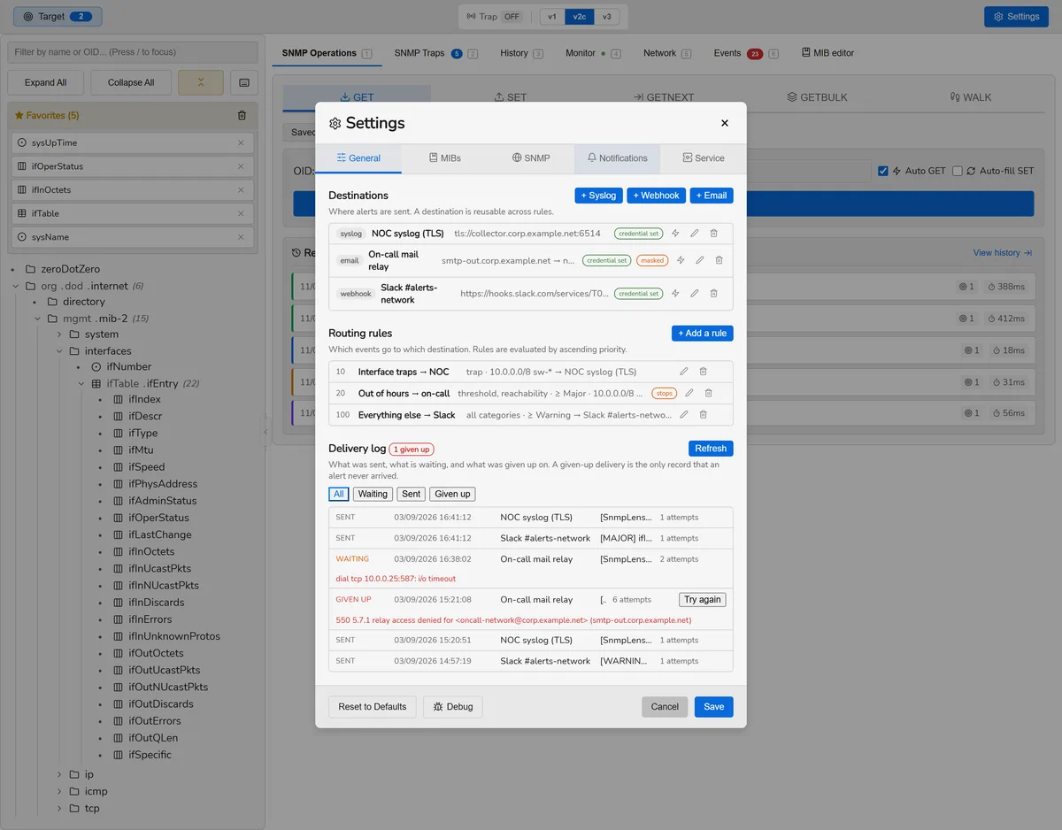 Notification settings: three destinations, three routing rules with priorities, and a delivery log containing one given-up delivery.