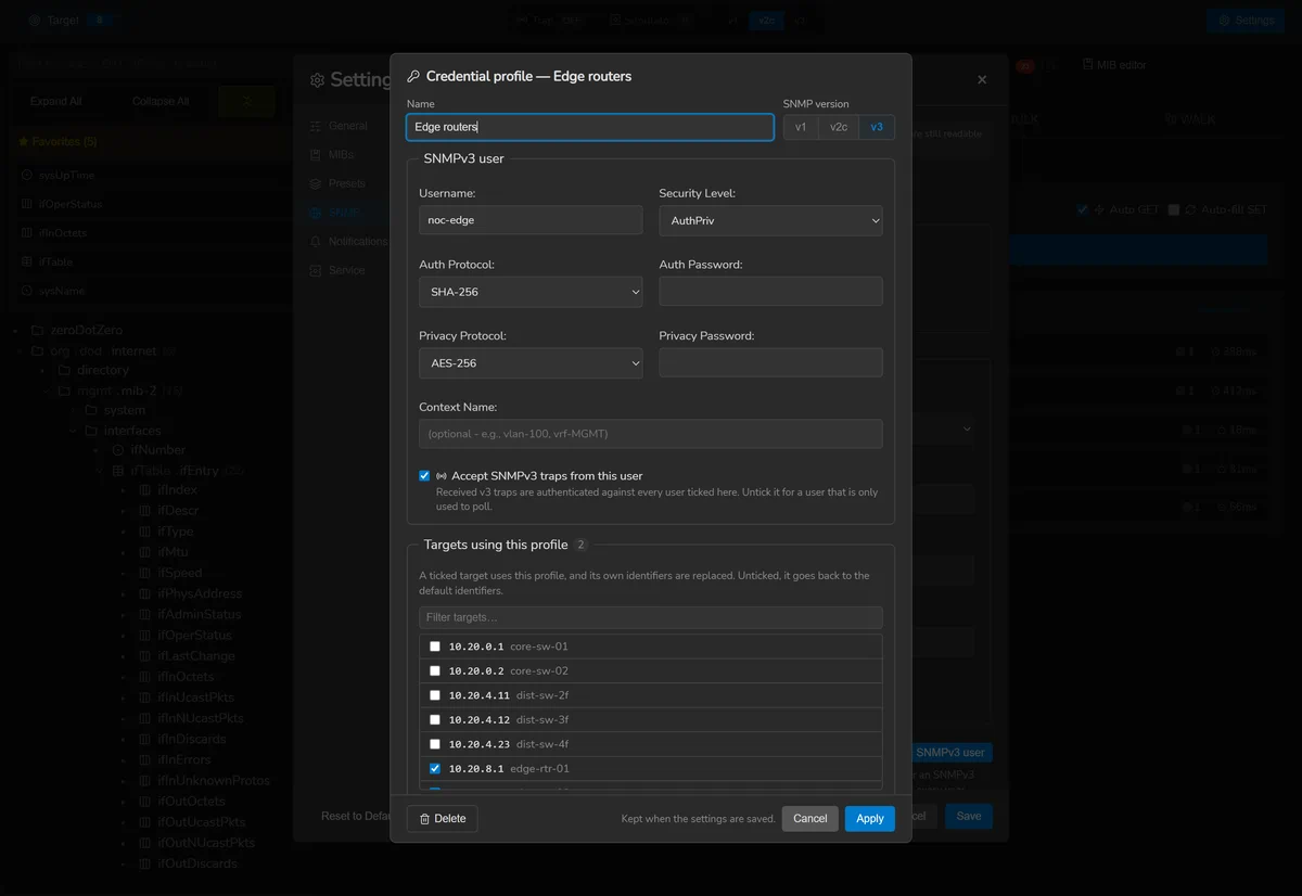 A credential profile open in the SnmpLens settings: an SNMPv3 user with its protocols, the targets given the profile, and a test.