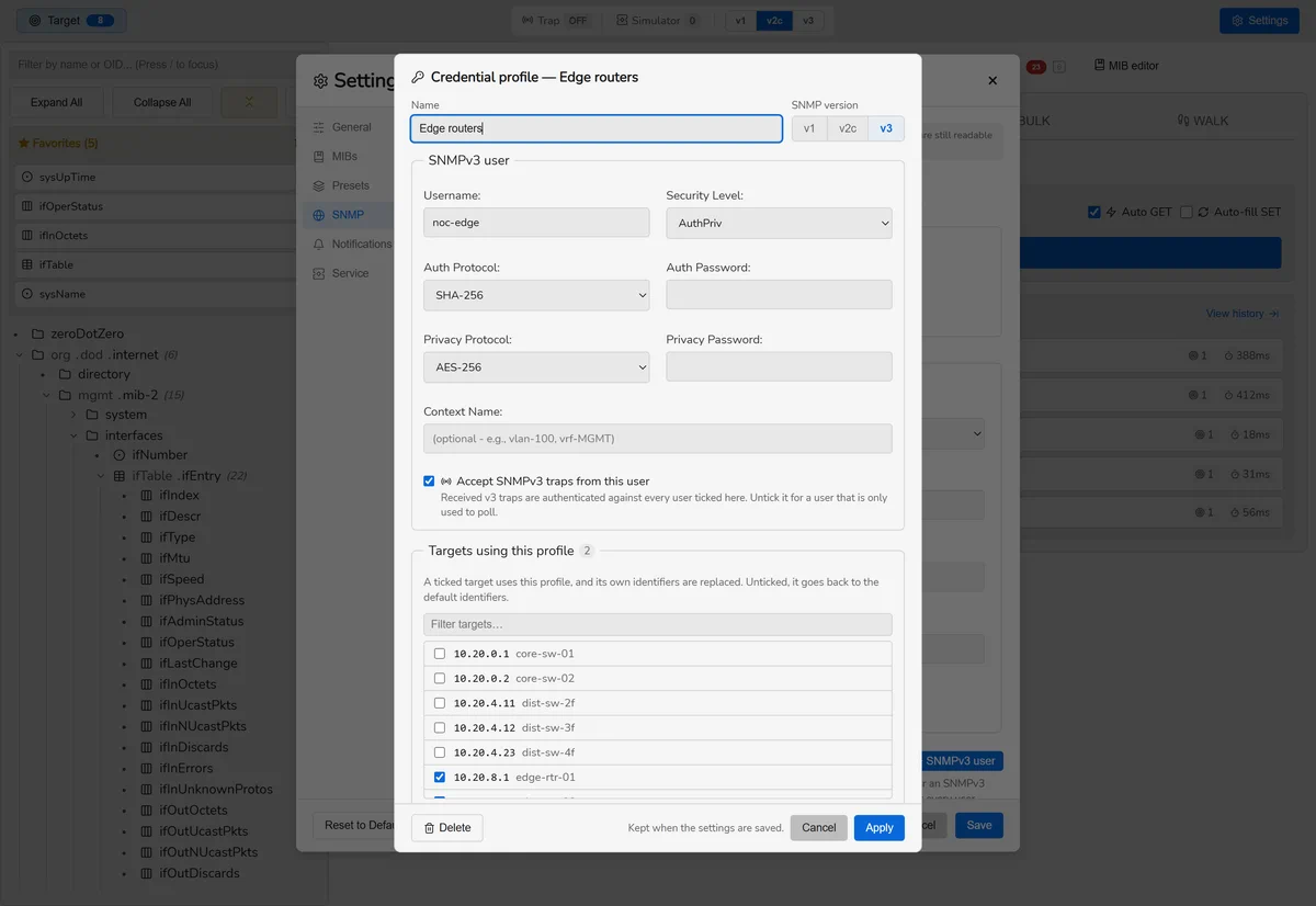 A credential profile open in the SnmpLens settings: an SNMPv3 user with its protocols, the targets given the profile, and a test.