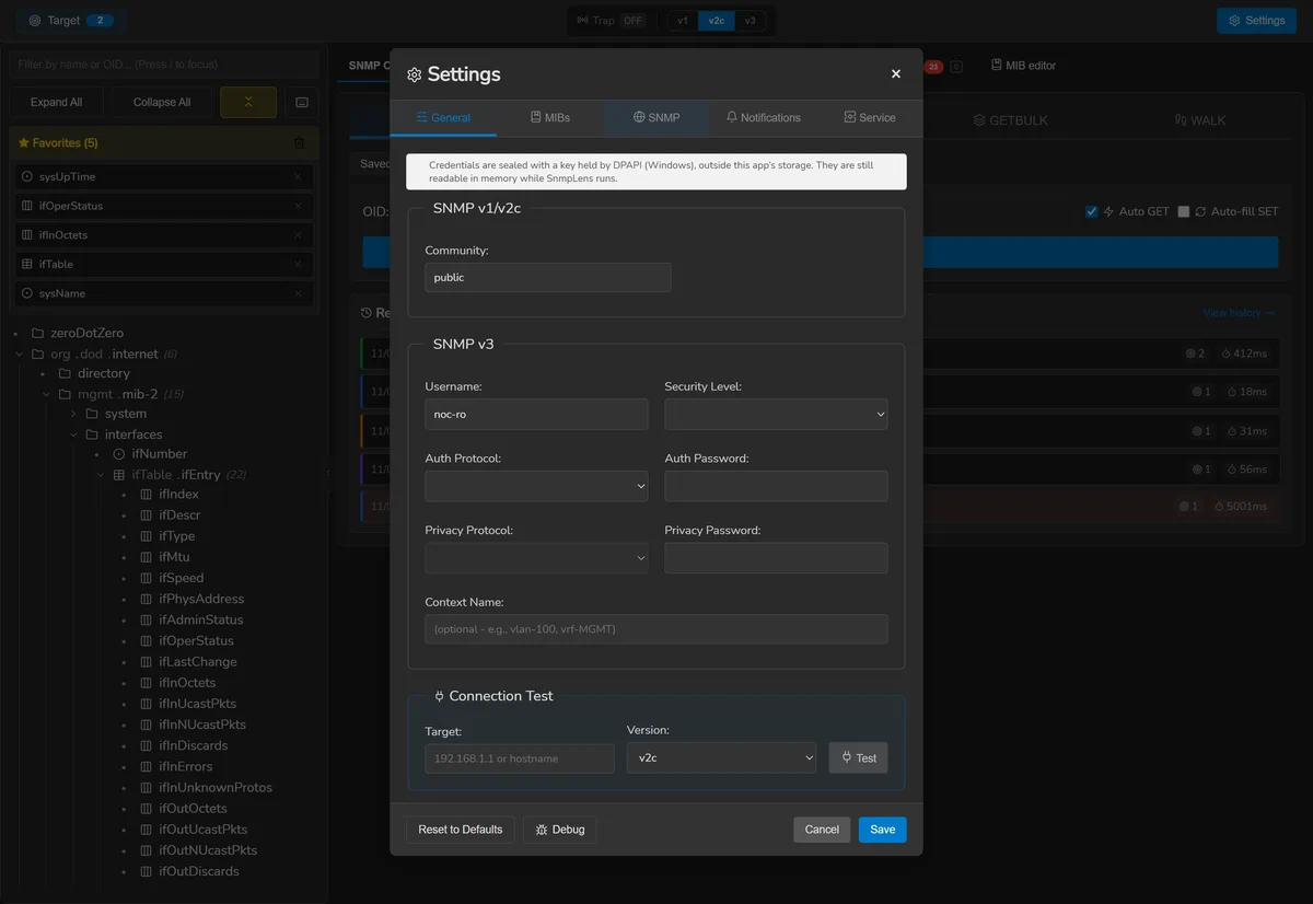 The SnmpLens SNMP settings tab: version, community, timeouts, and the v3 authentication and privacy protocols.