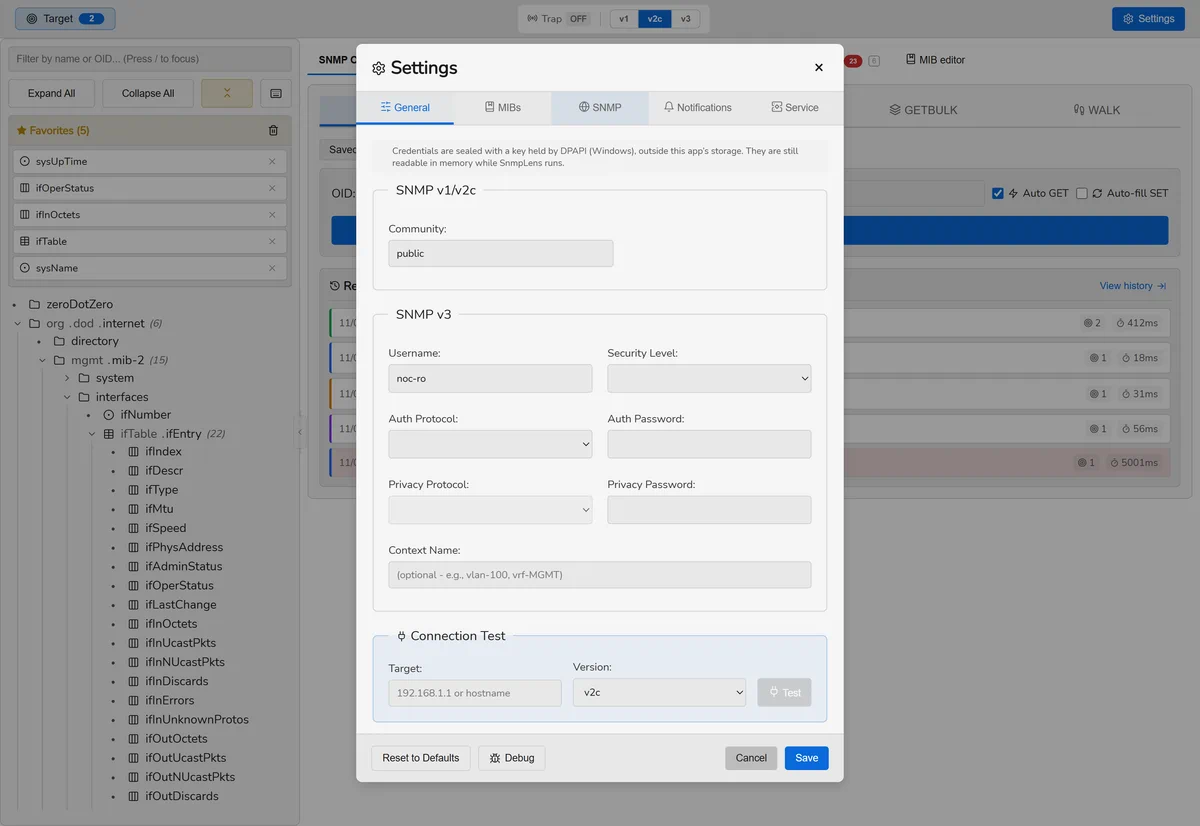 The SnmpLens SNMP settings tab: version, community, timeouts, and the v3 authentication and privacy protocols.
