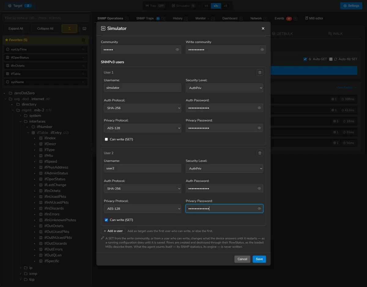 The Access tab of a simulated device: a read and a write community, masked with an eye to show them, and two SNMPv3 users, the second allowed to SET.