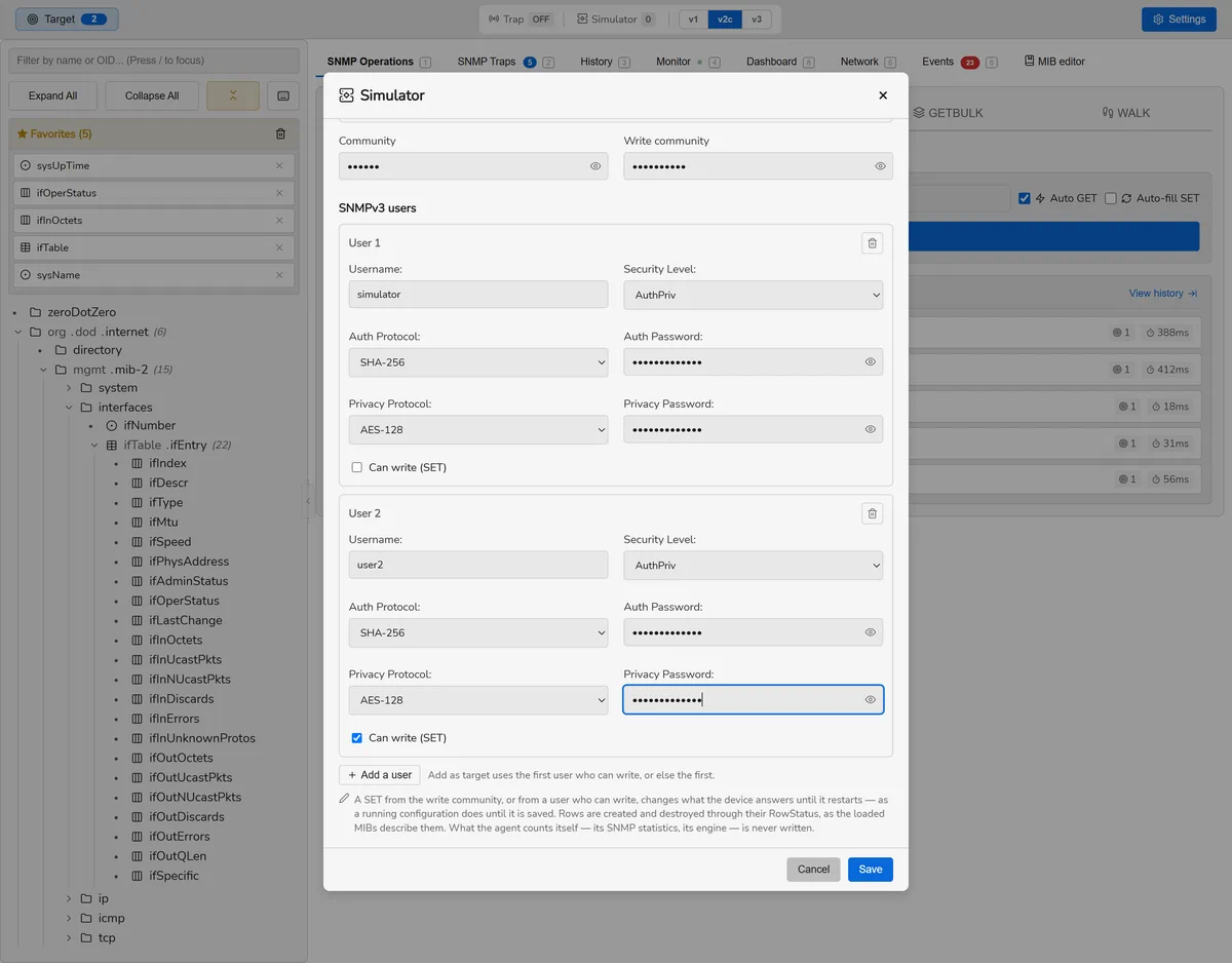 The Access tab of a simulated device: a read and a write community, masked with an eye to show them, and two SNMPv3 users, the second allowed to SET.