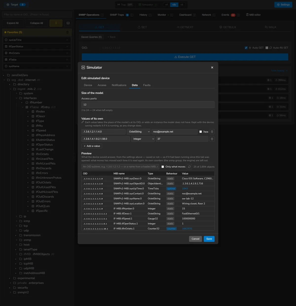 A simulated switch's Data tab: its size, values of its own, and a preview of what it answers with MIB names and behaviours.