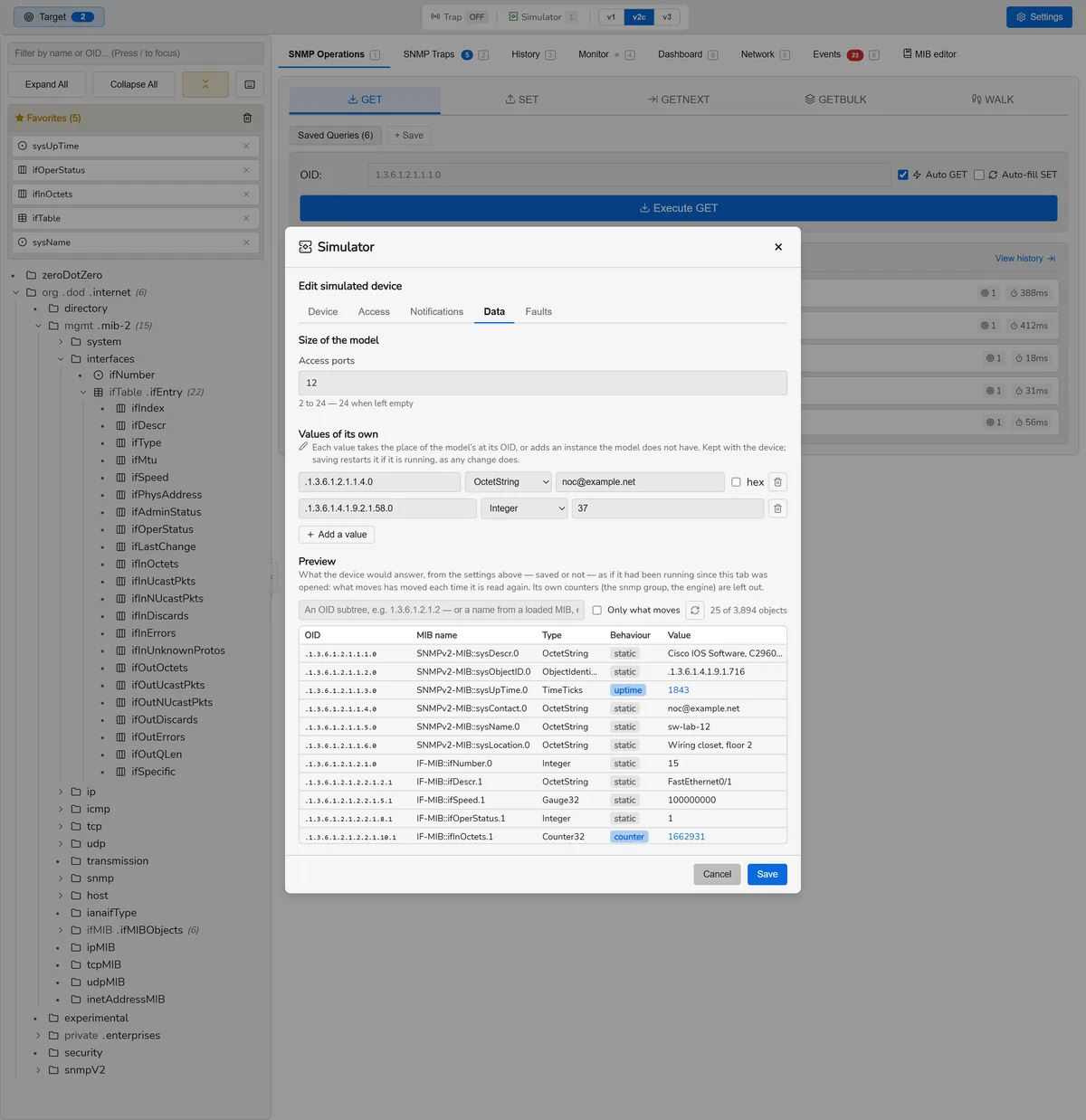 A simulated switch's Data tab: its size, values of its own, and a preview of what it answers with MIB names and behaviours.