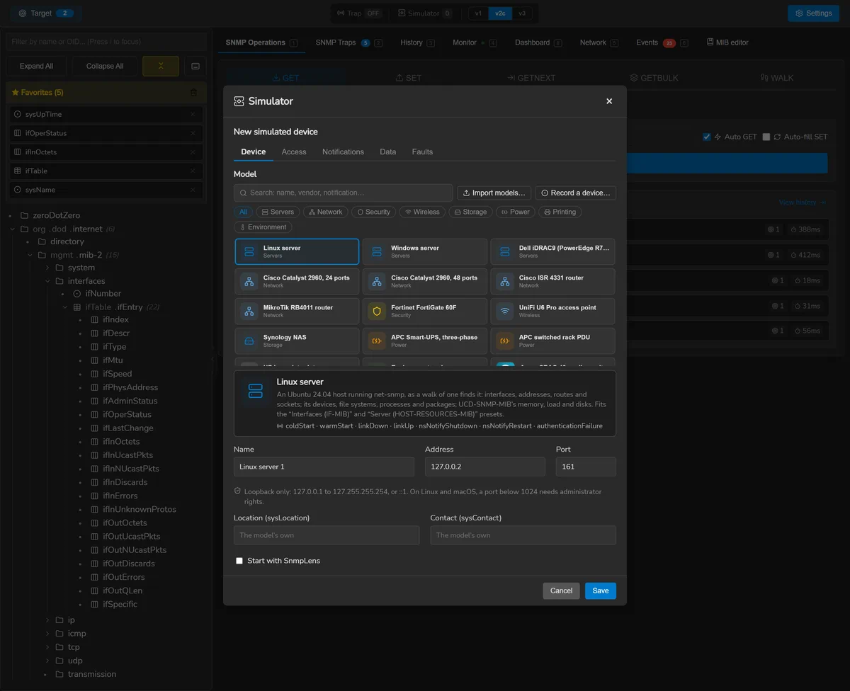 A new simulated device in SnmpLens: the model picker by category with a custom model and its icon, then the name, the loopback address and the port.