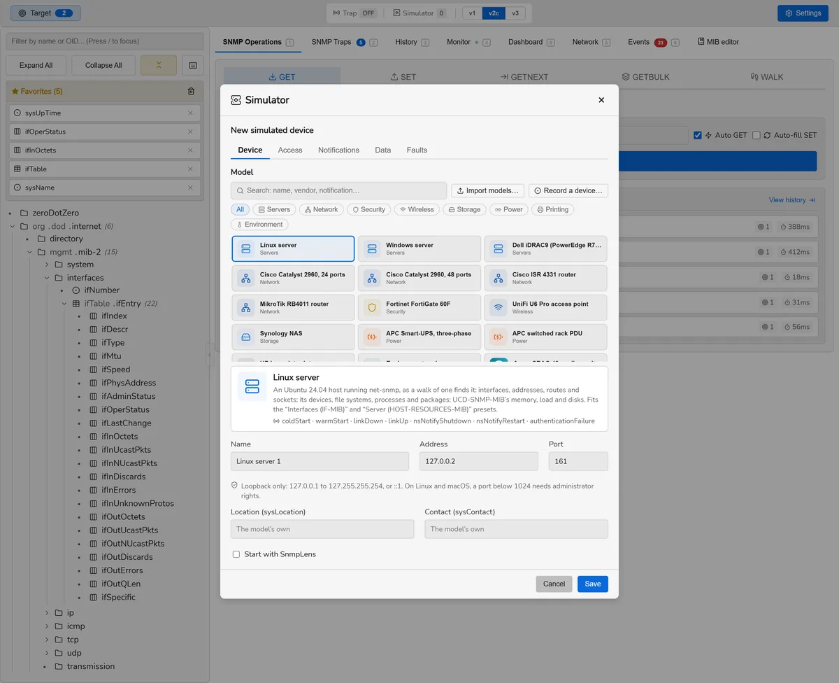 A new simulated device in SnmpLens: the model picker by category with a custom model and its icon, then the name, the loopback address and the port.