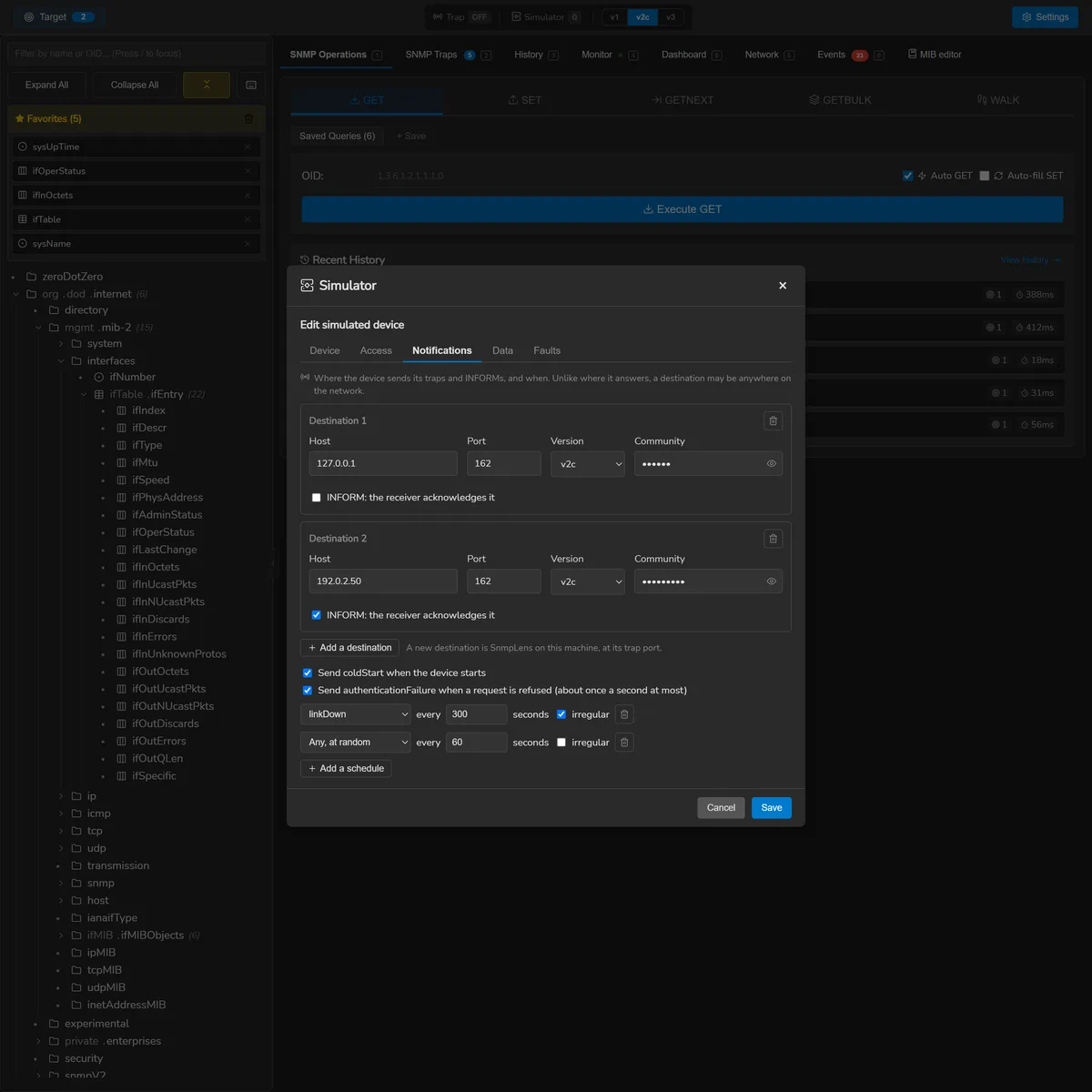 The Notifications tab of a simulated device: traps to SnmpLens on this machine and INFORMs to a collector on the network, sent at start, on a refused request and on two schedules.