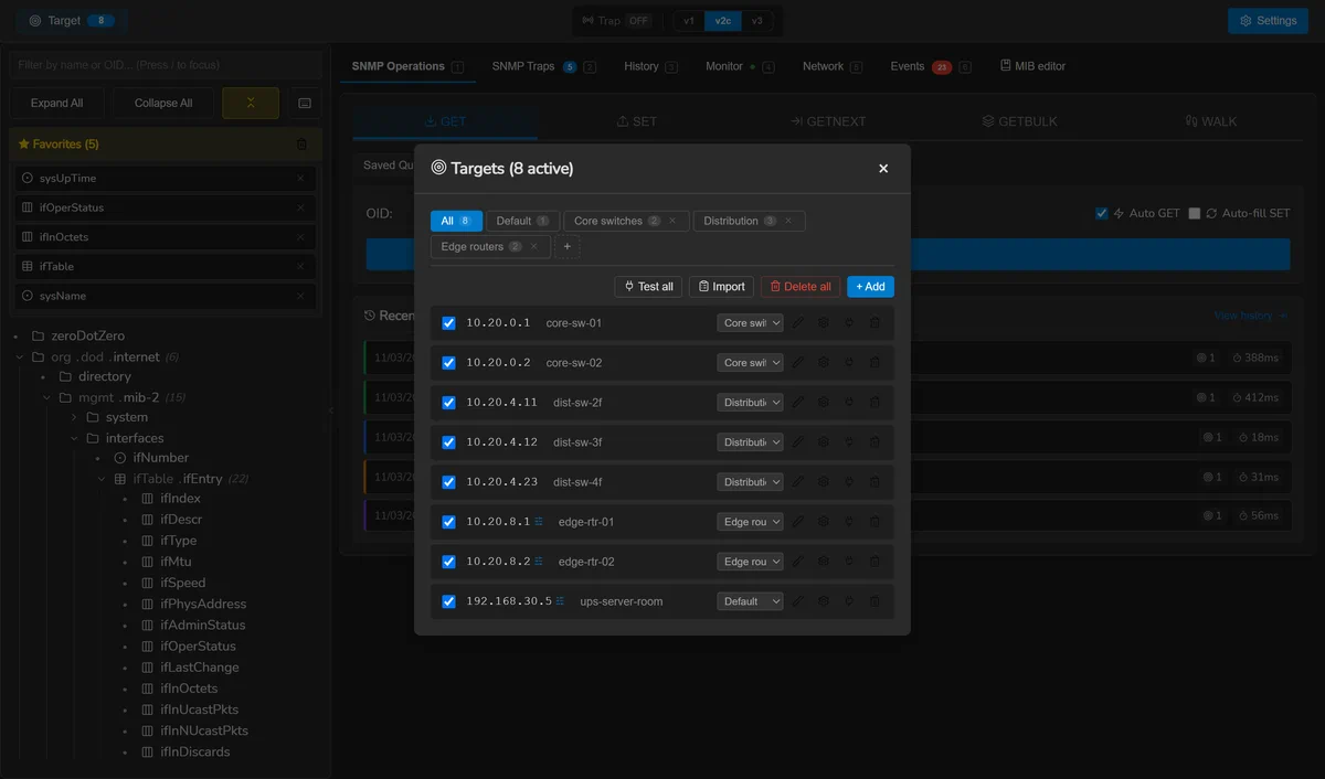 The SnmpLens targets dialog: eight devices across four groups, three of them carrying a per-device override.