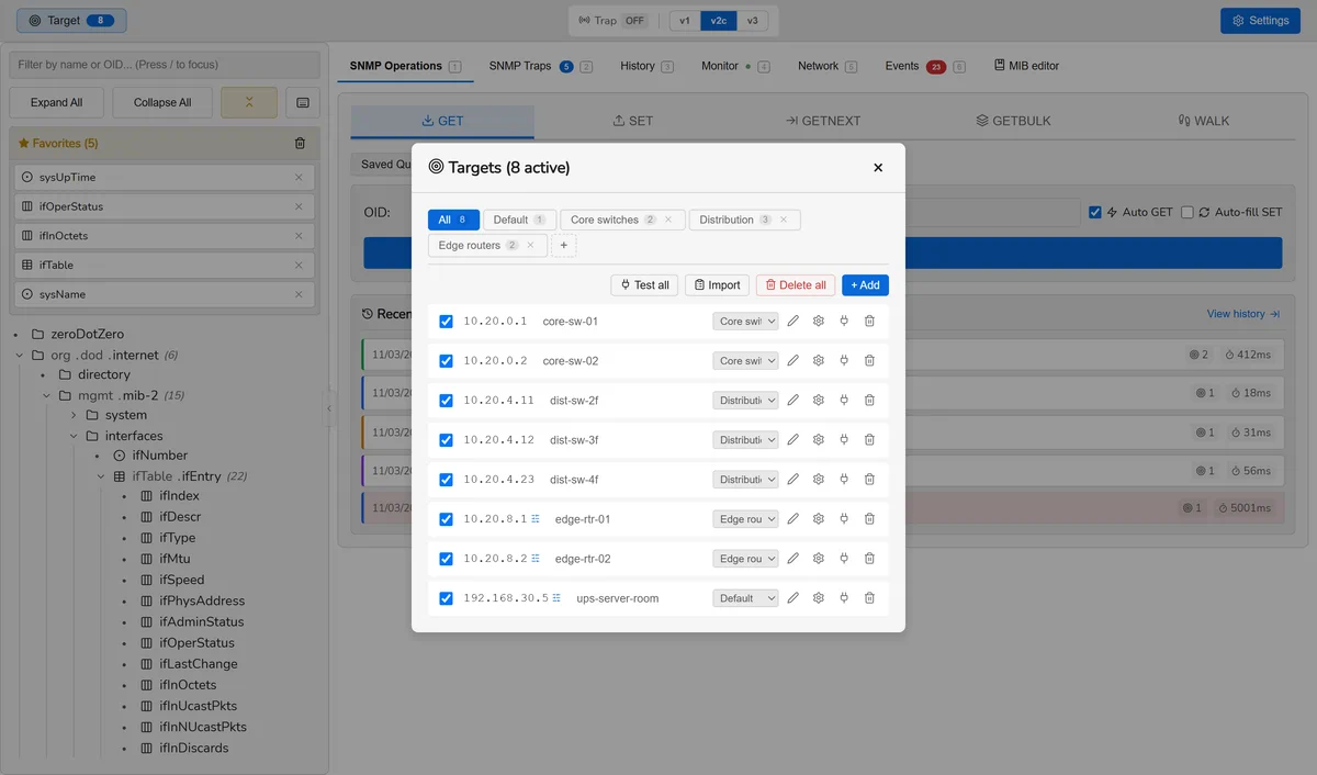 The SnmpLens targets dialog: eight devices across four groups, three of them carrying a per-device override.