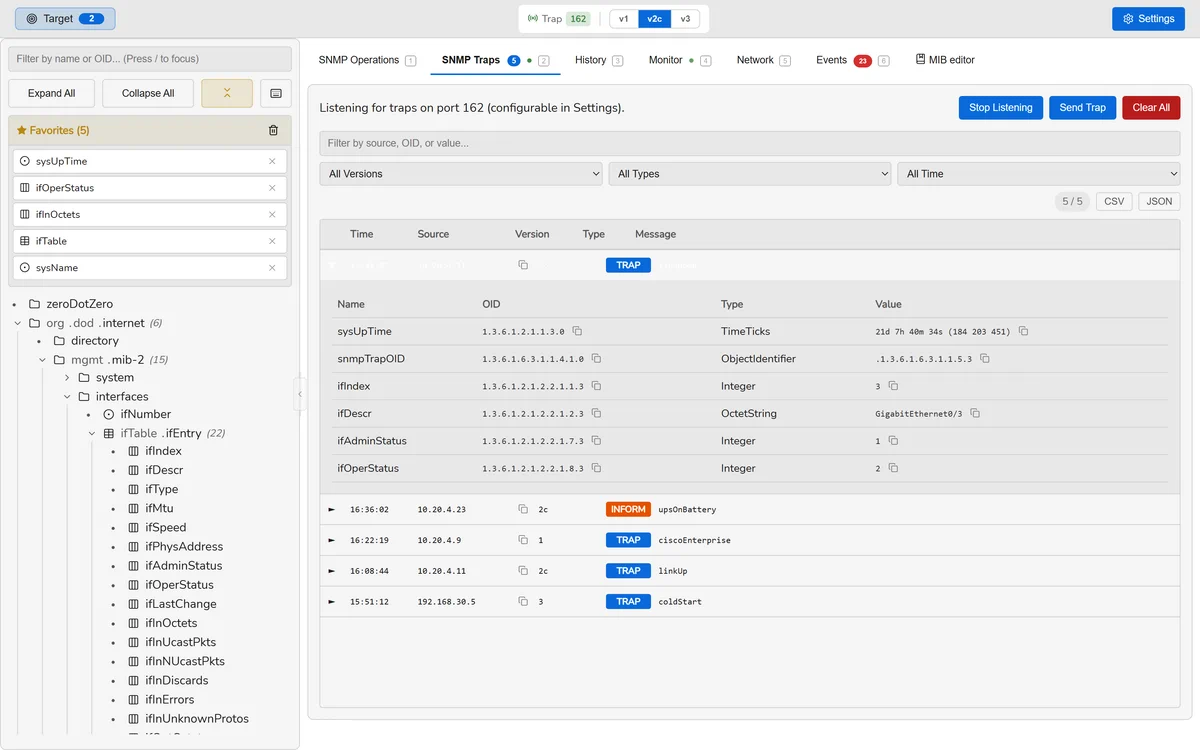 A SnmpLens list of received SNMP traps with their varbinds.